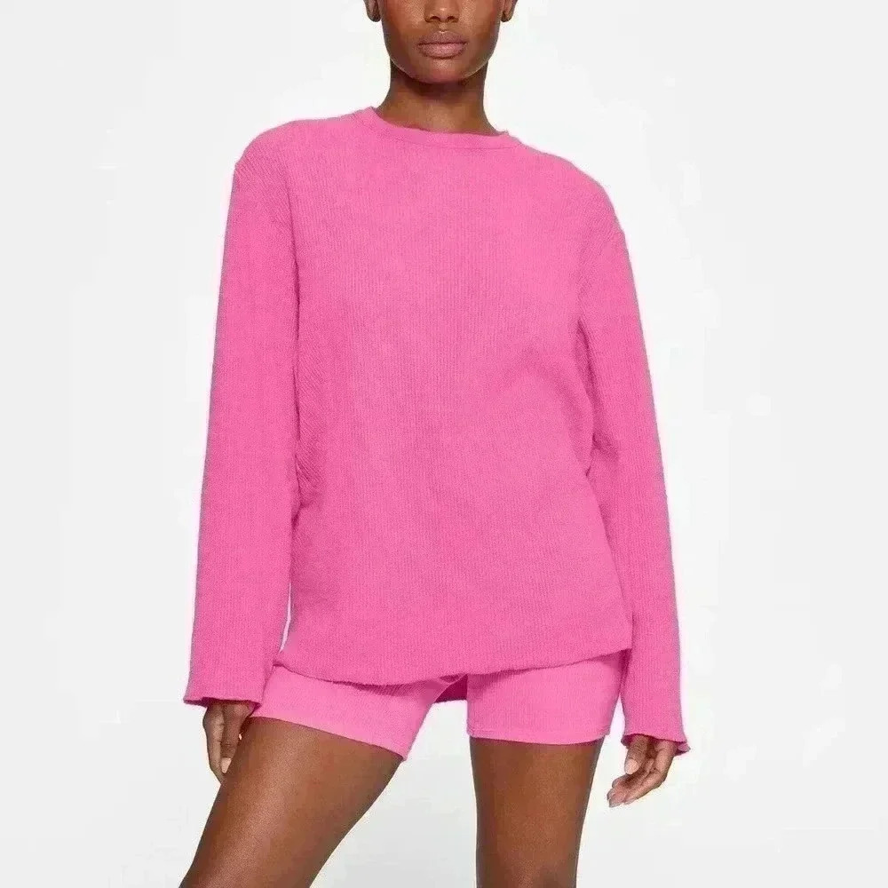 SKIMS Women’s Waffle Long Sleeve T-Shirt Sugar Pink Sz XS Barbie NWT Oversized